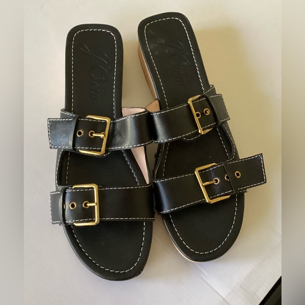 J. Crew Women's Double Strap wooden black leather sandals size 11